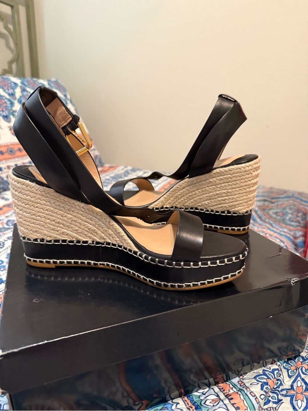 Ralph Lauren Black Leather Espadrille Wedge Sandals